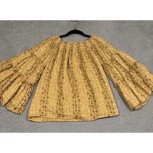 Umgee Blouse Gold Yellow Embroidered Flower Vines‎ Bell Sleeves Medium M